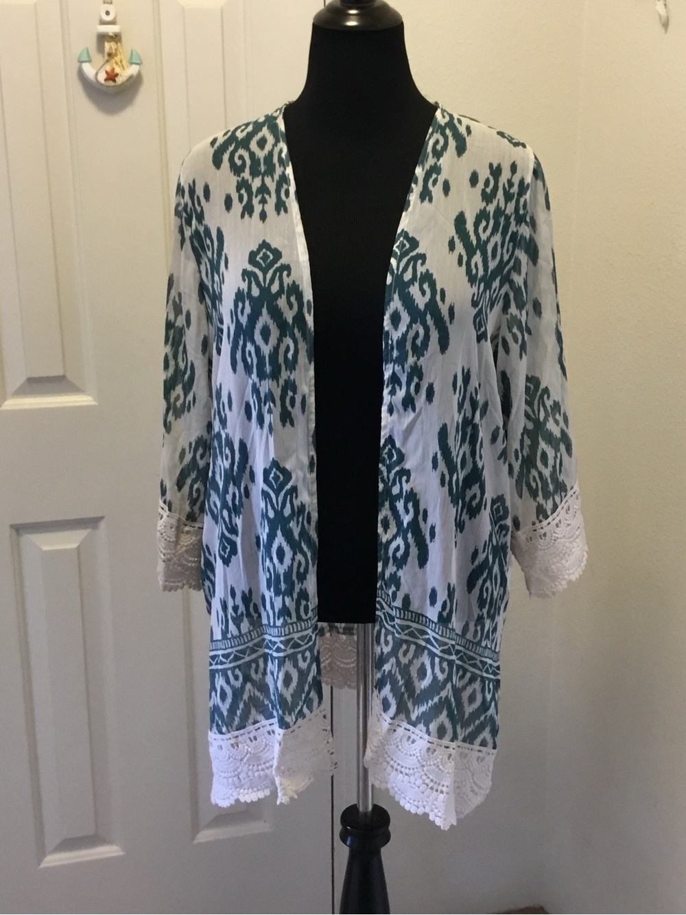 Cream & Green Printed Crochet Trim Kimono